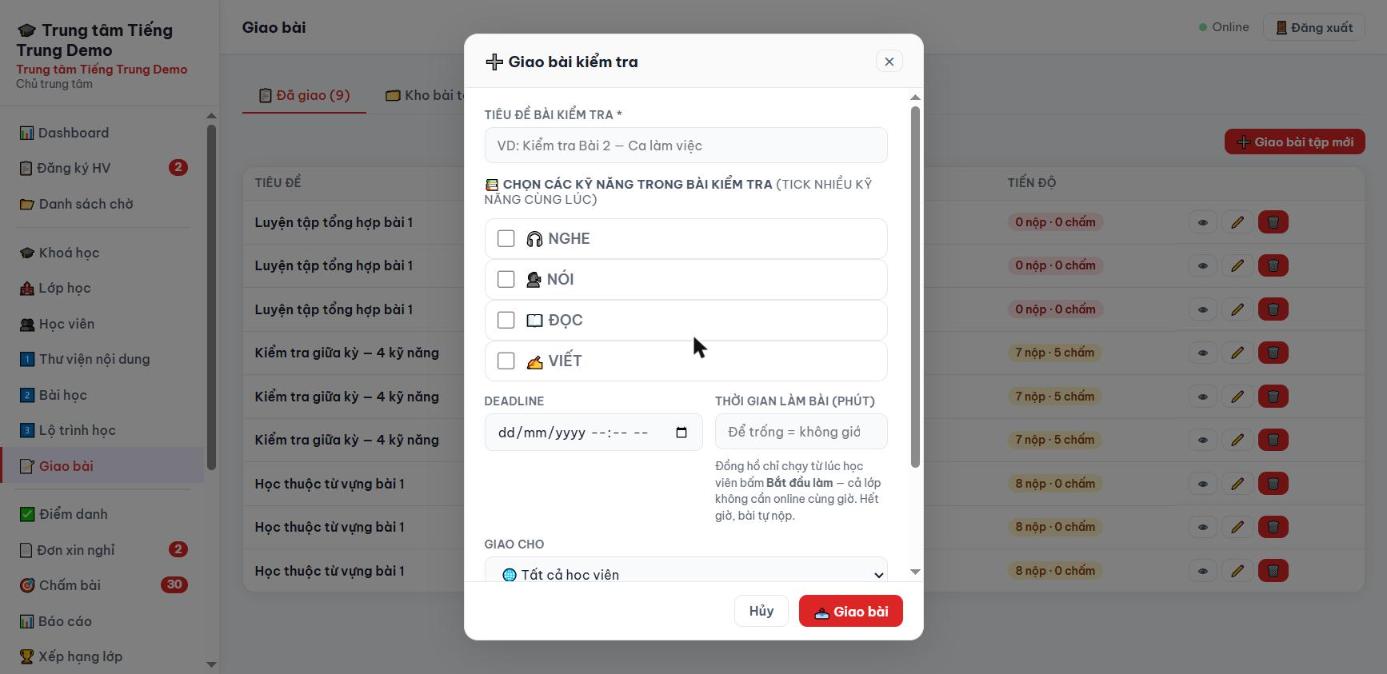 Hộp thoại Giao bài kiểm tra: tích chọn kỹ năng Nghe Nói Đọc Viết, ô Deadline và ô Thời gian làm bài tính bằng phút