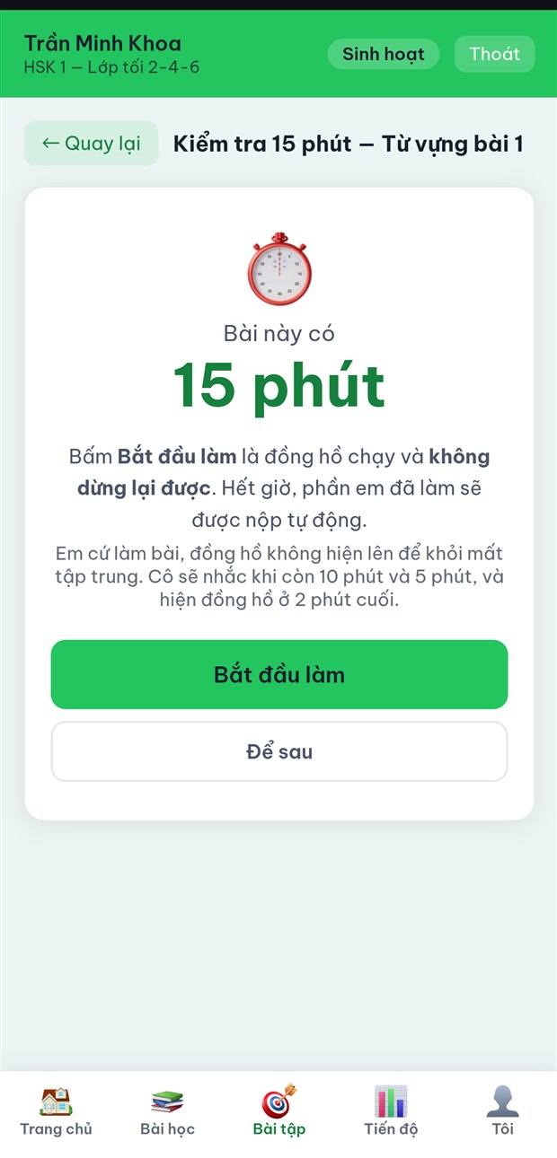 Màn xác nhận trước khi làm bài có tính giờ, hiện Bài này có 15 phút