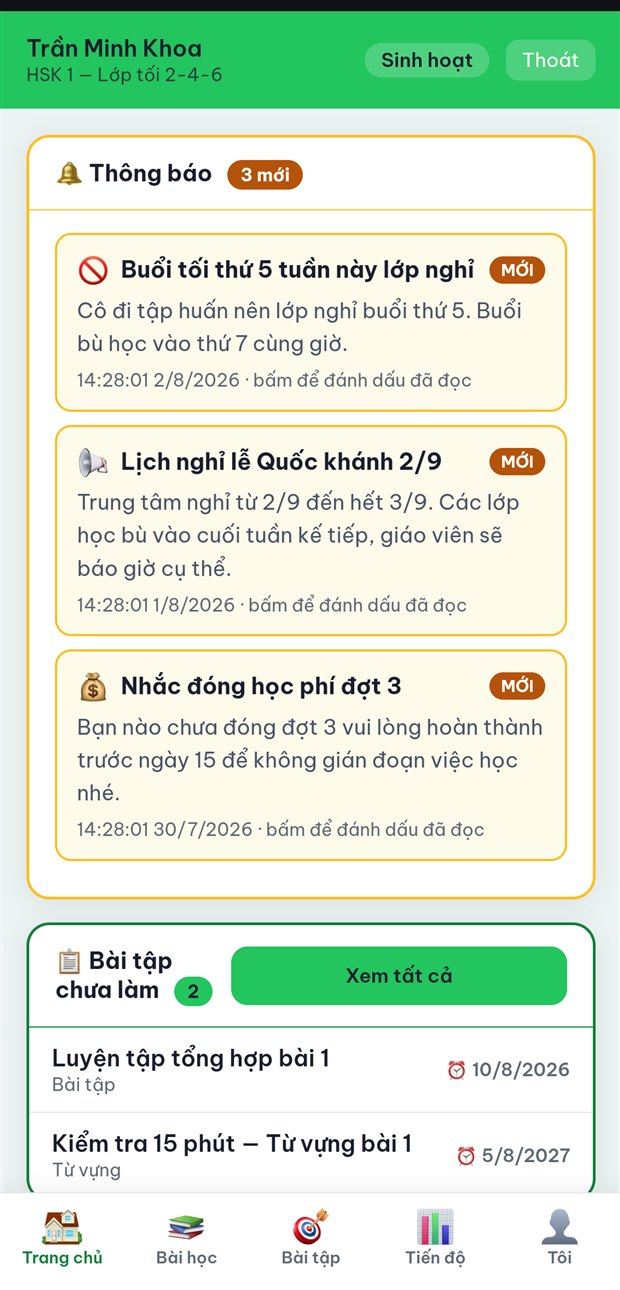Màn Trang chủ trong app học viên trên điện thoại: thông báo, bài tập chưa làm và năm thẻ dưới đáy